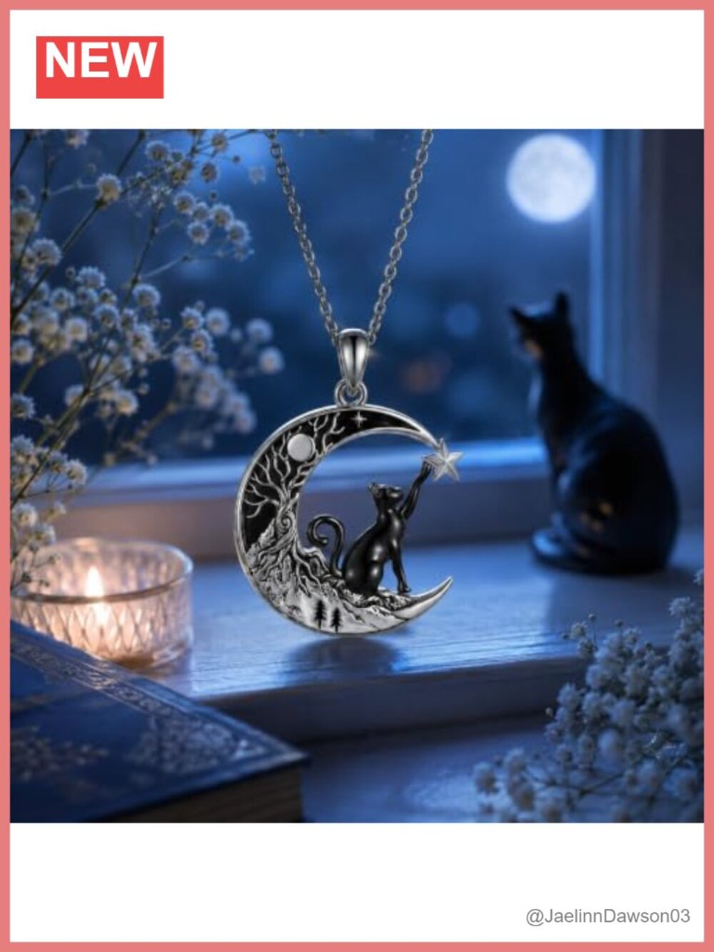 Crescent Moon Black Cat Pendant Necklace Tree of Life Gothic Jewelry Gift - Picture 5 of 6